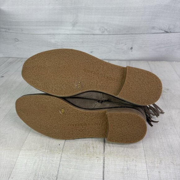 Lucky Brand GALLEY Taupe Leather Suede Low Heel Fringe Zip Ankle Boots Sz 8.5 M - Picture 10 of 16